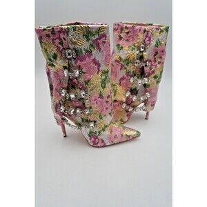 Azalea Wang Tiley Pink/Multi Studded Jewel Floral Brocade Western Boots 8.5 New